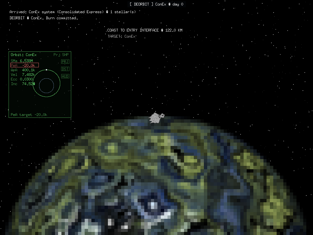 The deorbit burn flown on the Orbit MFD: the parking circle deforming, the osculating elements ticking, PeA driven to minus twenty kilometres and ringed red.