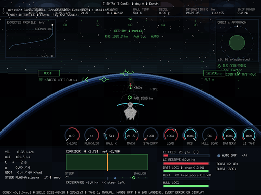 Flight recorder loop of a deliberately bad manual reentry: no pilot input, the ship drifts off the corridor, the HUD flashes hull-burning warnings and steering cues, the red heat veil closes in, the emergency override and guardian fire, and the ship lands hard eight kilometres off the pad line.