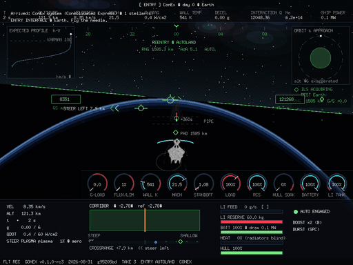 Flight recorder loop from the Gonex v0.1a3 build: the autoland flies the corridor on the green HUD — expected-profile monitor, dotted pipe projected to the pad, flight-director bug centered — the prominence filaments and ion flow stream over the shield pillows, the spaceport slides in from the horizon, the ship touches down 0.0 km off the pad line, and the runway debrief grades the landing A, PROVEN COURIER.