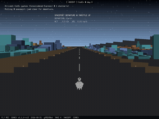 Flight recorder loop of a takeoff from ConEx station: the ship rolls down the spaceport road between the city blocks, rotates and climbs out over the town, the ascent plasma sheath ignites and streams filaments as the sky bands go from blue to black, and the sequence ends in orbit on the flight map.