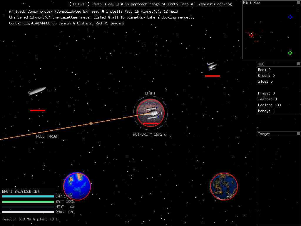 Top-down flight view with planets, ships and HUD panels