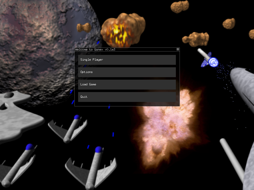 Gonex main menu over a starfield