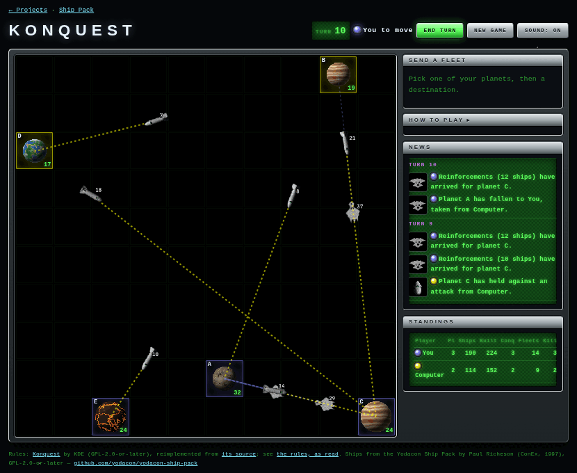 Konquest: three computer players' fleets crossing a galaxy of planets, with news and standings