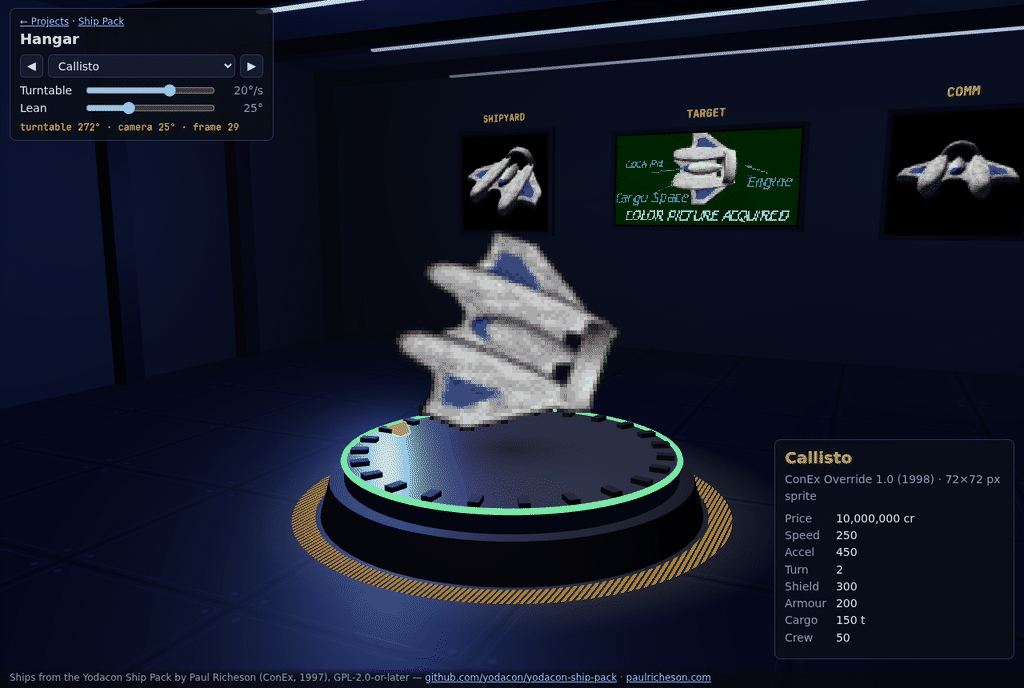 The Callisto on a turntable in a hangar, with its pictures on wall monitors